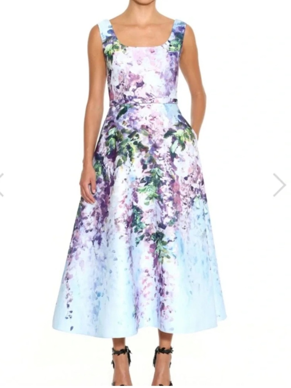 MARCHESA NOTTE | Light Blue Floral Tea Length Dress